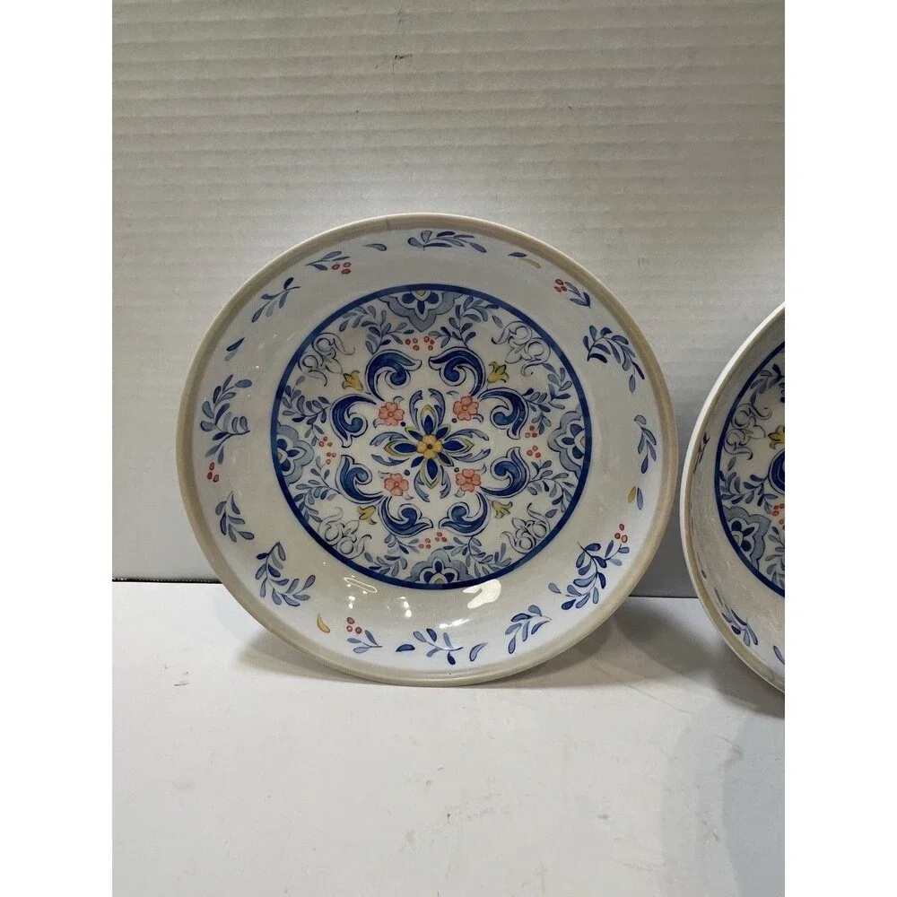Melamine Pasta Bowls Mediterranean Print Blue Yellow On White Tan Rim Set of 4